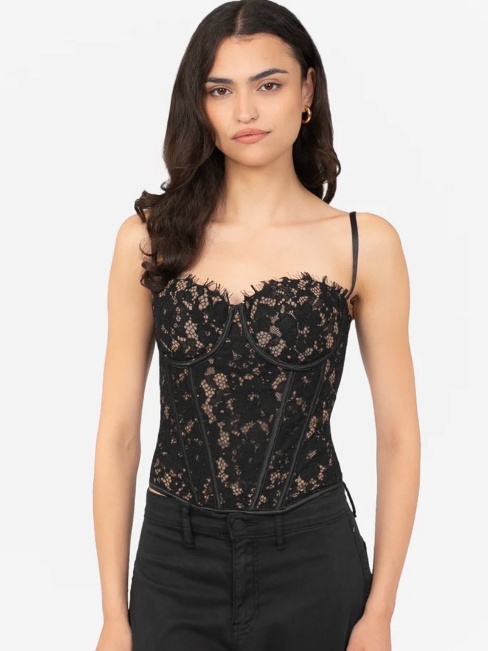 Black Lace Corset-Style Camisole with Adjustable Straps